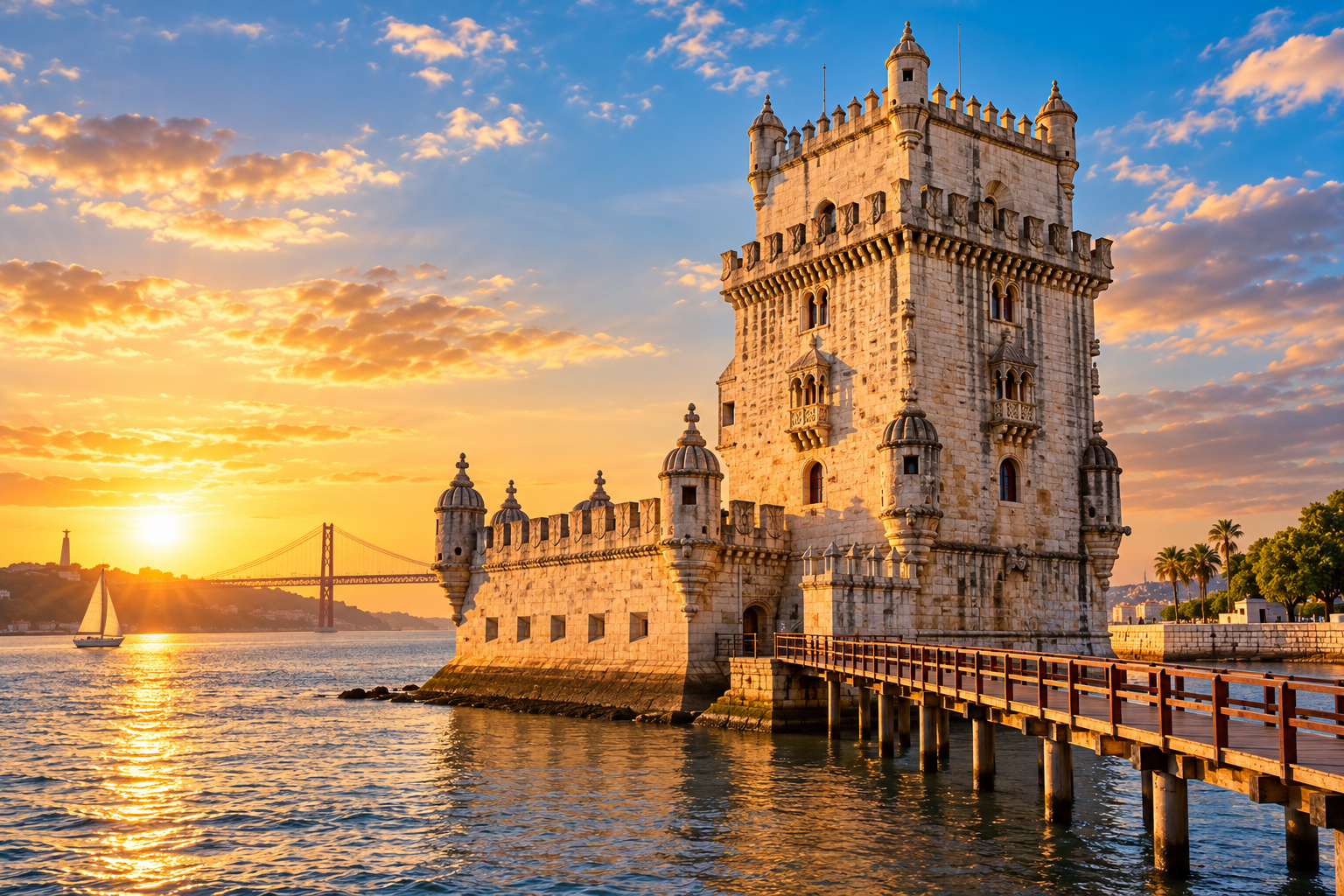 Generated view of the Belém Tower at sunset, Lisbon